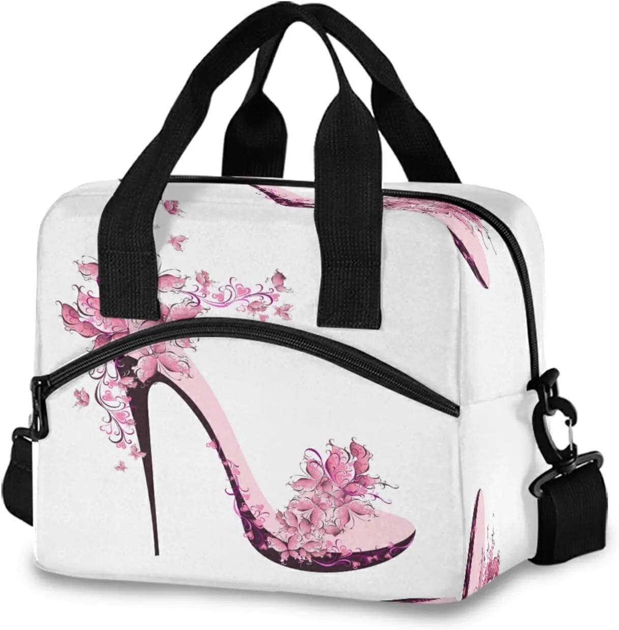 High Heels Floral Pattern Lunch Bag Reusable Lunch Tote Bag Thermal Cooler Bag Insulated Lunch Box with Adjustable Shoulder Strap for Office School Outdoor Picnic
