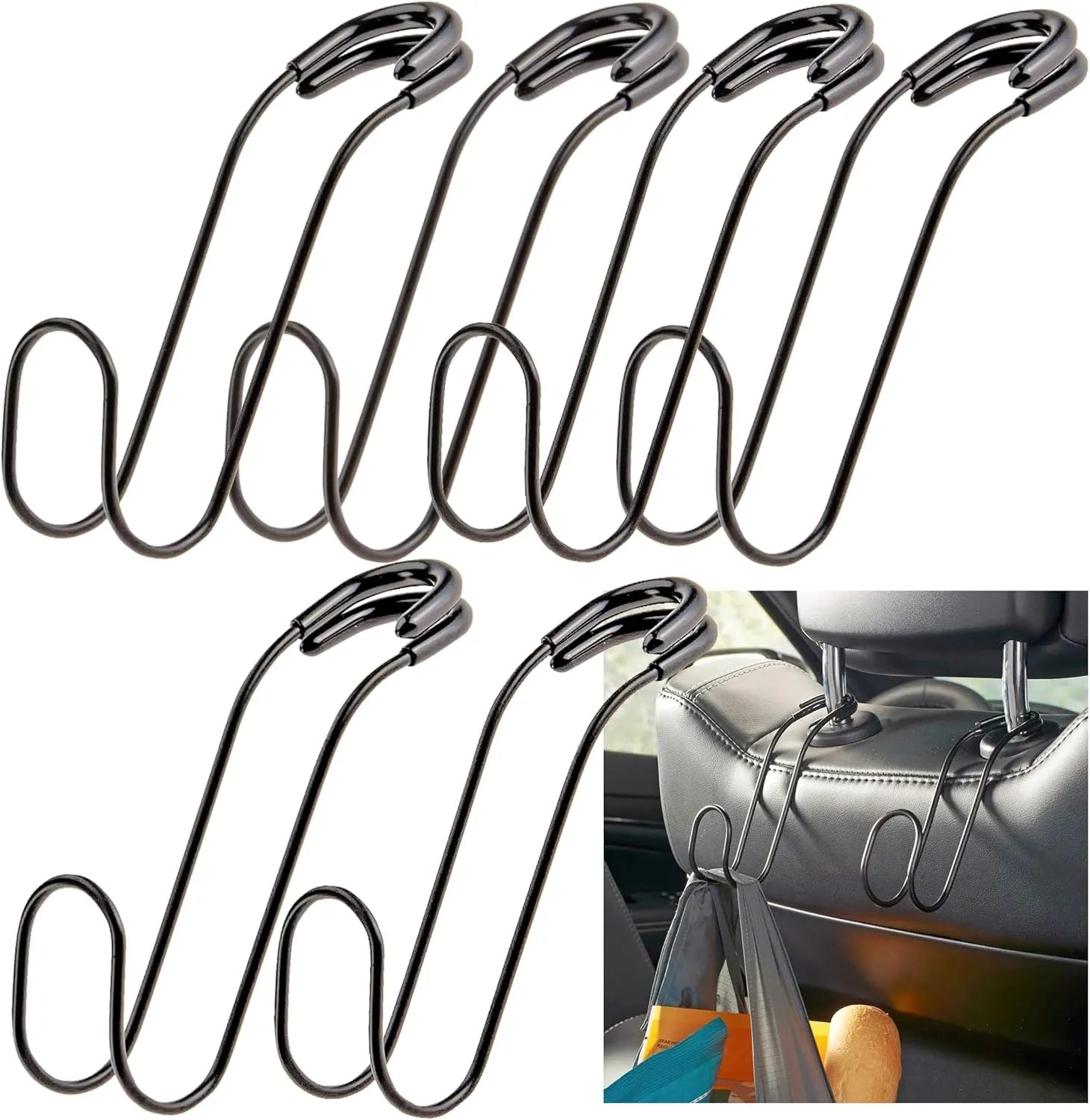High Road Unbreakable Car Bag Hooks - Large Car Seat Hooks for Purse, Backpack, Coats, Hats and Heavy Bags up to 40 lbs - Secure Attachment Fits All Headrest Posts, 6-pack