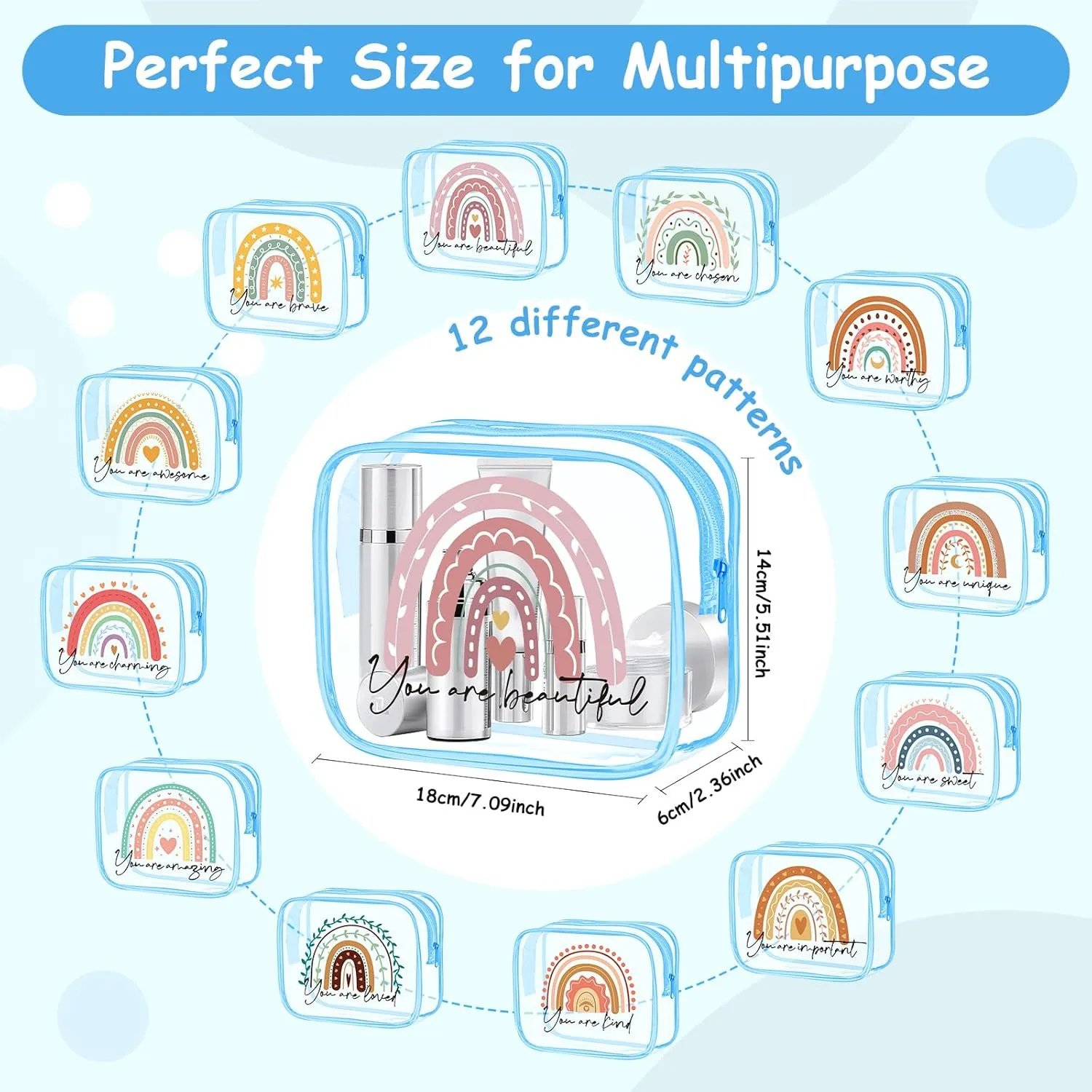 Hillban 12 Pcs Rainbow Clear Makeup Bag for Women Inspirational Quotes PVC Waterproof Cosmetic Bags Encouragement Travel Toiletry Pouch for Graduation Teacher Student Nurse Gifts(Blue)