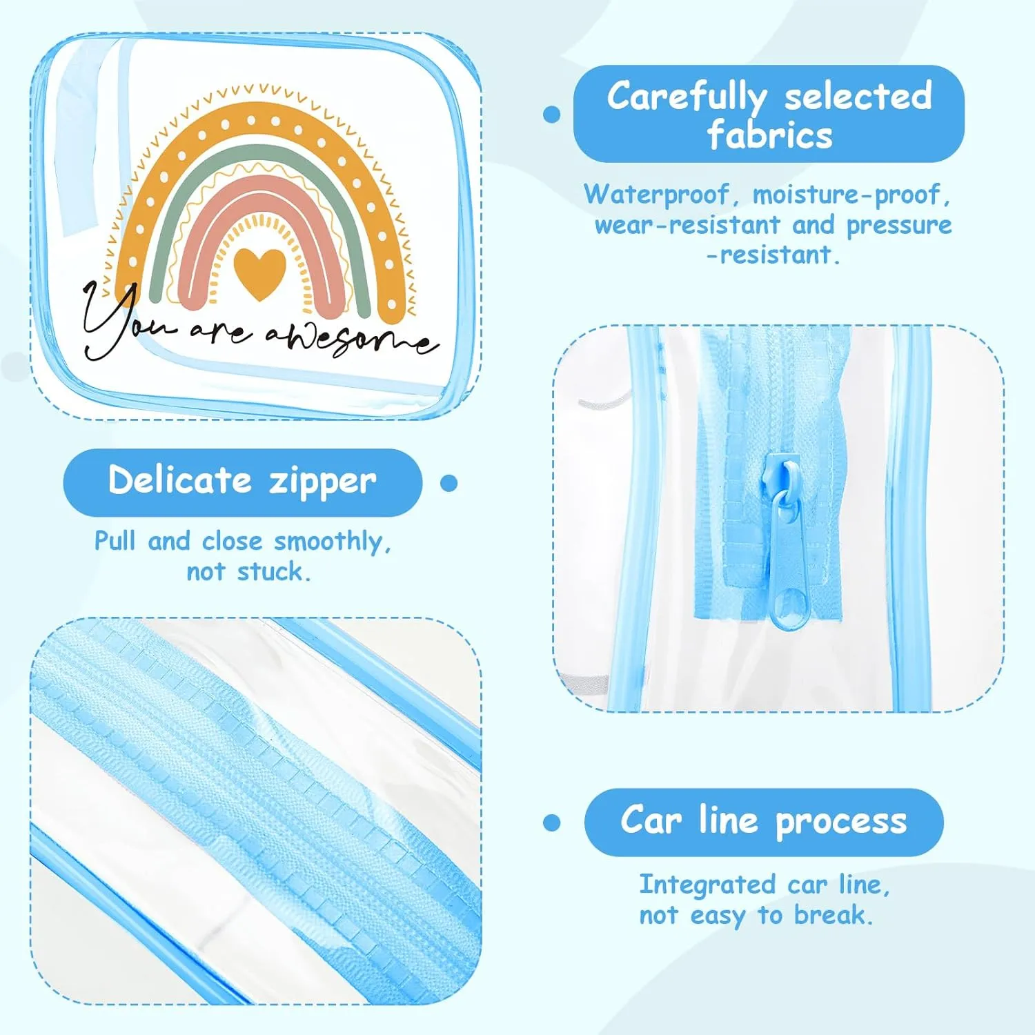 Hillban 12 Pcs Rainbow Clear Makeup Bag for Women Inspirational Quotes PVC Waterproof Cosmetic Bags Encouragement Travel Toiletry Pouch for Graduation Teacher Student Nurse Gifts(Blue)