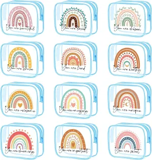 Hillban 12 Pcs Rainbow Clear Makeup Bag for Women Inspirational Quotes PVC Waterproof Cosmetic Bags Encouragement Travel Toiletry Pouch for Graduation Teacher Student Nurse Gifts(Blue)