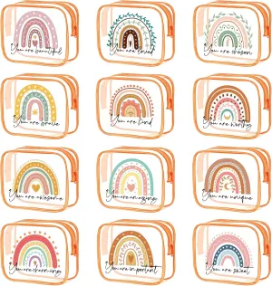 Hillban 12 Pcs Rainbow Clear Makeup Bag for Women Inspirational Quotes PVC Waterproof Cosmetic Bags Encouragement Travel Toiletry Pouch for Graduation Teacher Student Nurse Gifts(Orange)