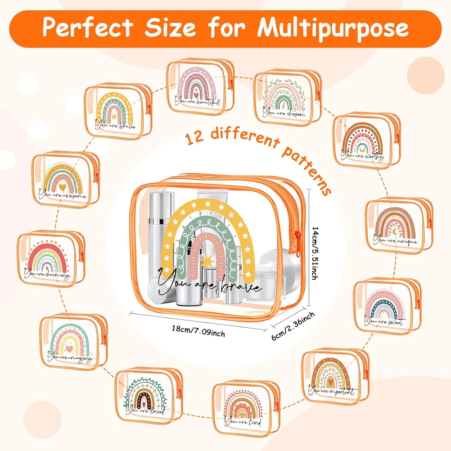 Hillban 12 Pcs Rainbow Clear Makeup Bag for Women Inspirational Quotes PVC Waterproof Cosmetic Bags Encouragement Travel Toiletry Pouch for Graduation Teacher Student Nurse Gifts(Orange)