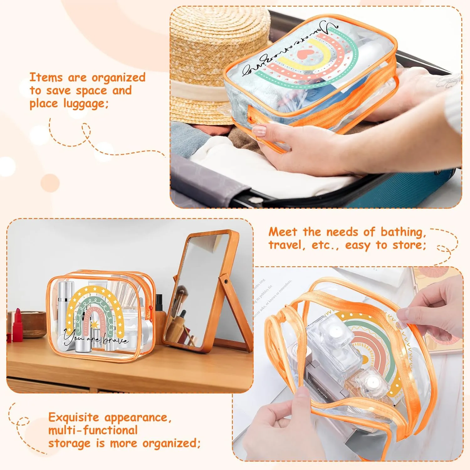 Hillban 12 Pcs Rainbow Clear Makeup Bag for Women Inspirational Quotes PVC Waterproof Cosmetic Bags Encouragement Travel Toiletry Pouch for Graduation Teacher Student Nurse Gifts(Orange)