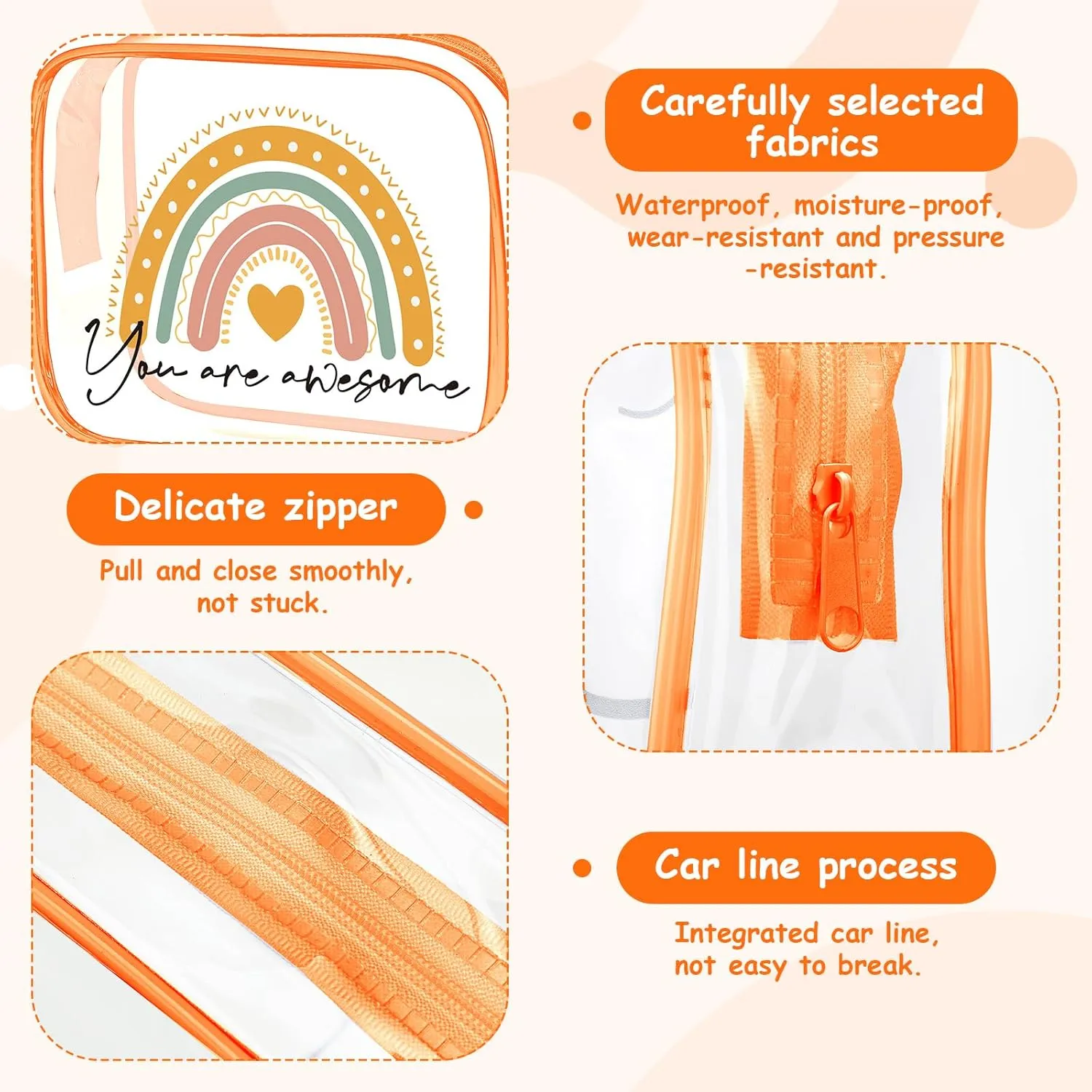 Hillban 12 Pcs Rainbow Clear Makeup Bag for Women Inspirational Quotes PVC Waterproof Cosmetic Bags Encouragement Travel Toiletry Pouch for Graduation Teacher Student Nurse Gifts(Orange)