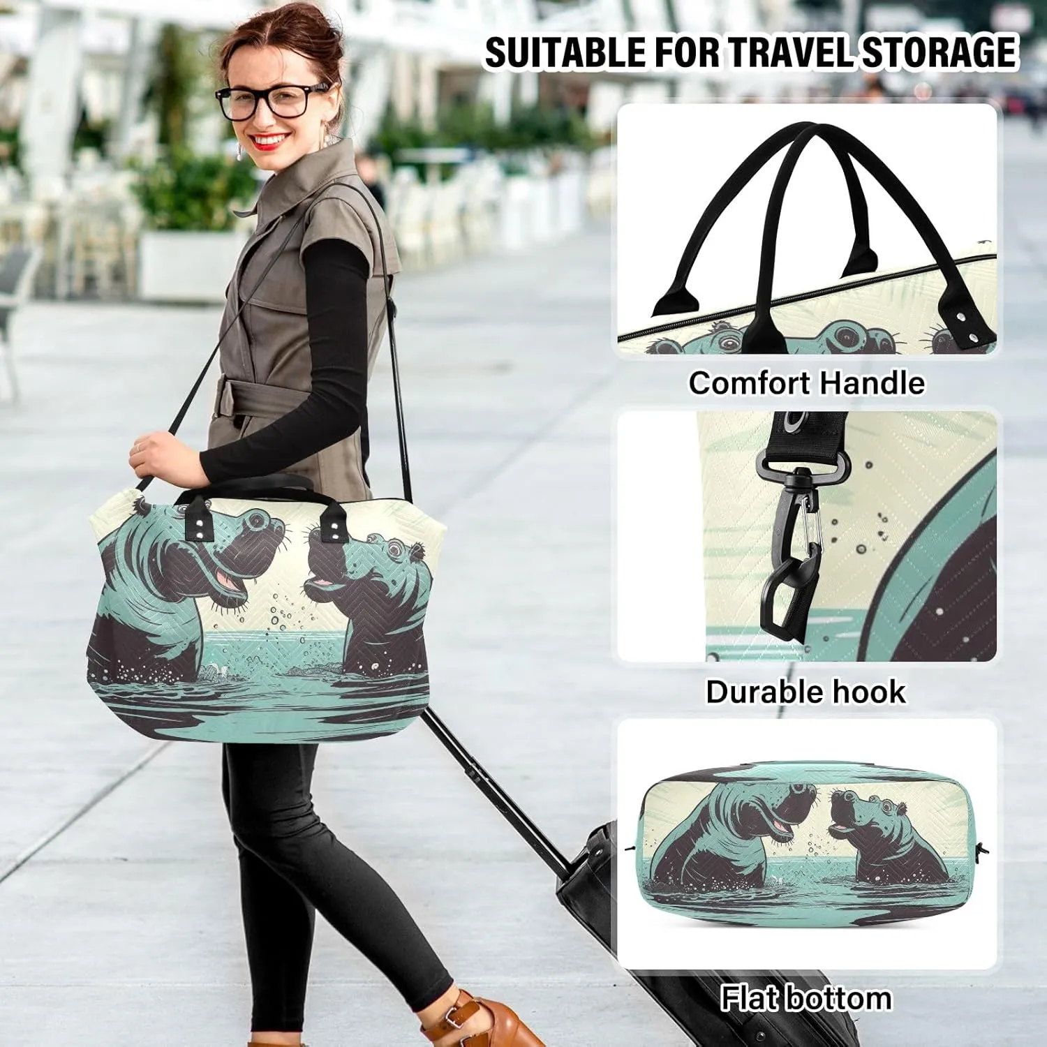 Hippo in Water Quilted Duffle Bags with Toiletry Bag Tote Travel Bag for Women Workout Bags for Gym Women Mens Duffle Bag Weekender Bag
