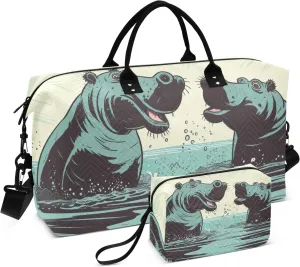 Hippo in Water Quilted Duffle Bags with Toiletry Bag Tote Travel Bag for Women Workout Bags for Gym Women Mens Duffle Bag Weekender Bag