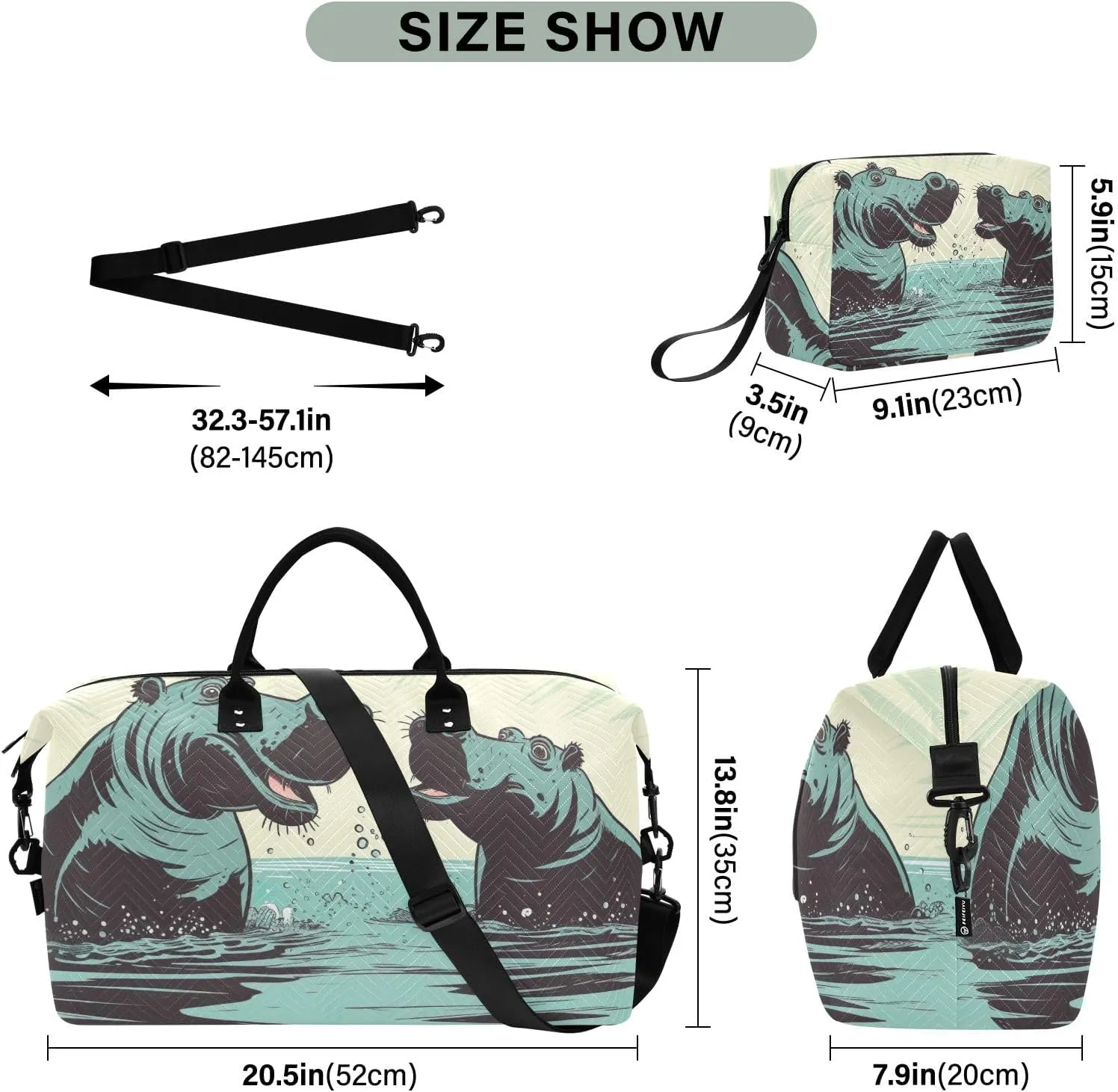 Hippo in Water Quilted Duffle Bags with Toiletry Bag Tote Travel Bag for Women Workout Bags for Gym Women Mens Duffle Bag Weekender Bag