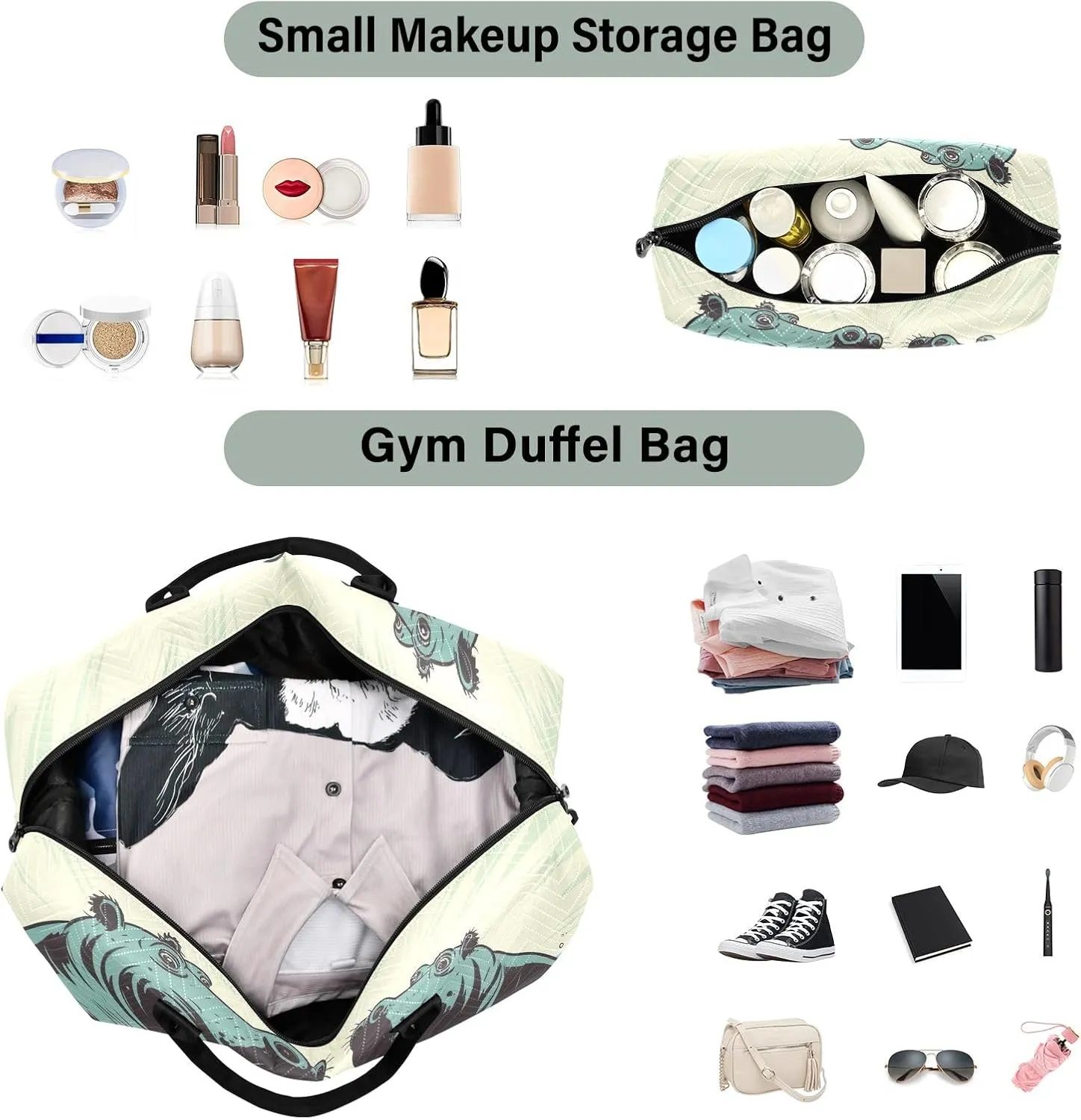 Hippo in Water Quilted Duffle Bags with Toiletry Bag Tote Travel Bag for Women Workout Bags for Gym Women Mens Duffle Bag Weekender Bag