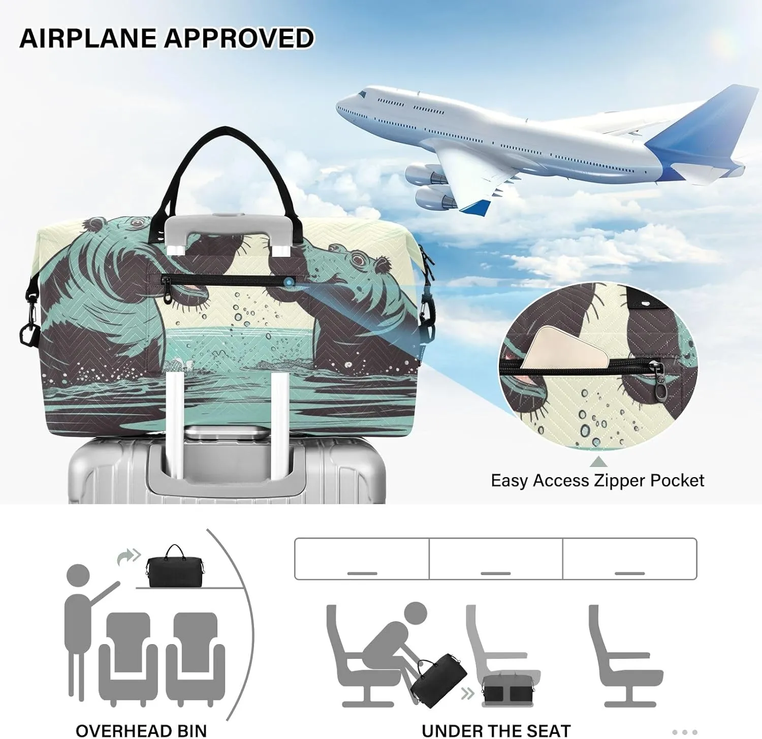 Hippo in Water Quilted Duffle Bags with Toiletry Bag Tote Travel Bag for Women Workout Bags for Gym Women Mens Duffle Bag Weekender Bag