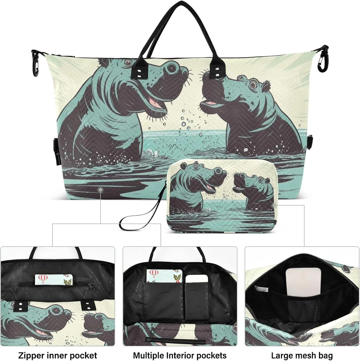 Hippo in Water Quilted Duffle Bags with Toiletry Bag Tote Travel Bag for Women Workout Bags for Gym Women Mens Duffle Bag Weekender Bag