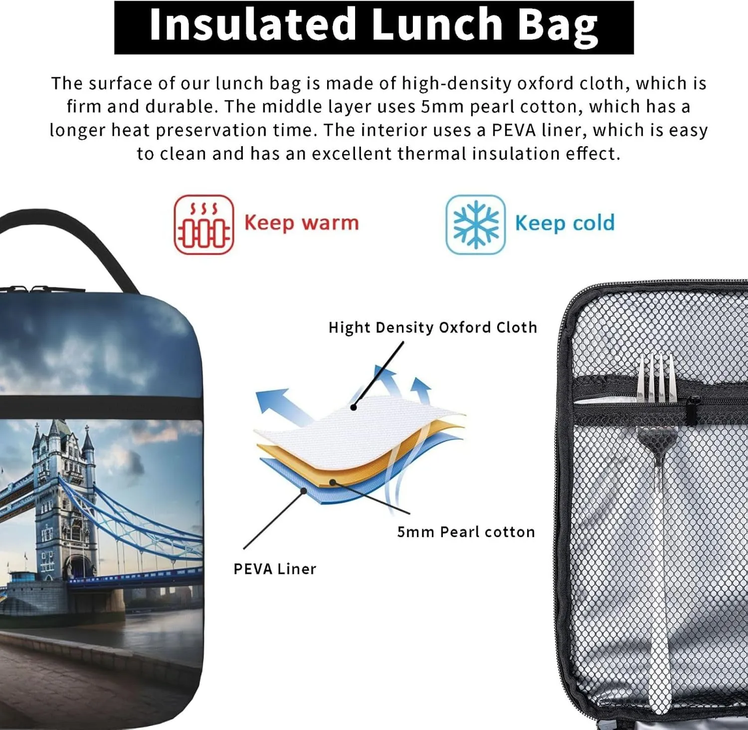 Historic Old Tower Bridge London Insulated Lunch Bag For Men Women Lunchbox Designed For Office Work Travel