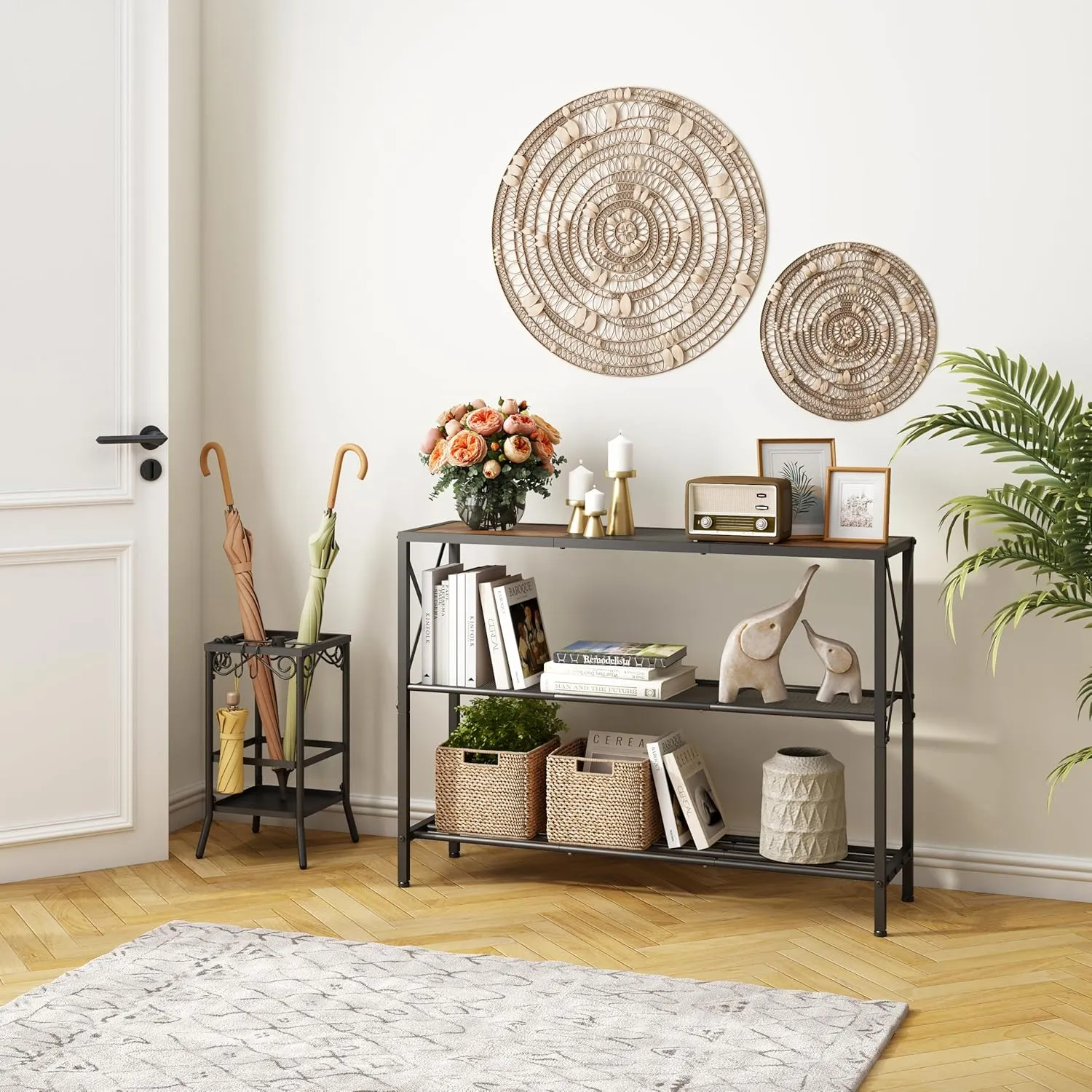 Hoctieon Industrial Console Table, 3 Tier Entryway Table, Hallway Desk, Narrow Sofa Tables with Shelves, Entrance Desk for Entryway, Rustic Brown&Black