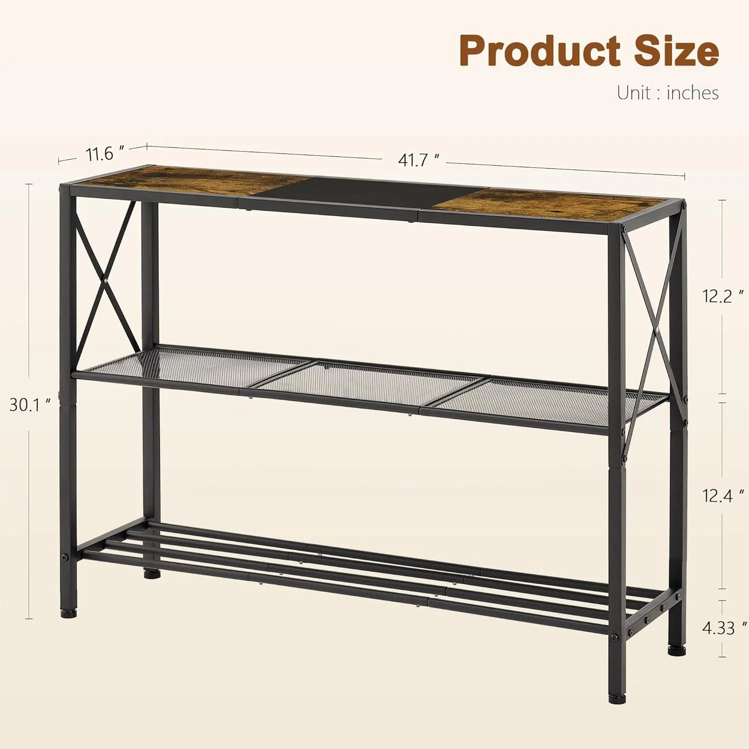 Hoctieon Industrial Console Table, 3 Tier Entryway Table, Hallway Desk, Narrow Sofa Tables with Shelves, Entrance Desk for Entryway, Rustic Brown&Black