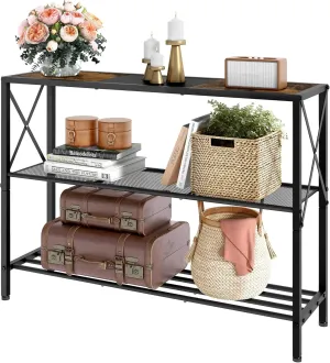 Hoctieon Industrial Console Table, 3 Tier Entryway Table, Hallway Desk, Narrow Sofa Tables with Shelves, Entrance Desk for Entryway, Rustic Brown&Black