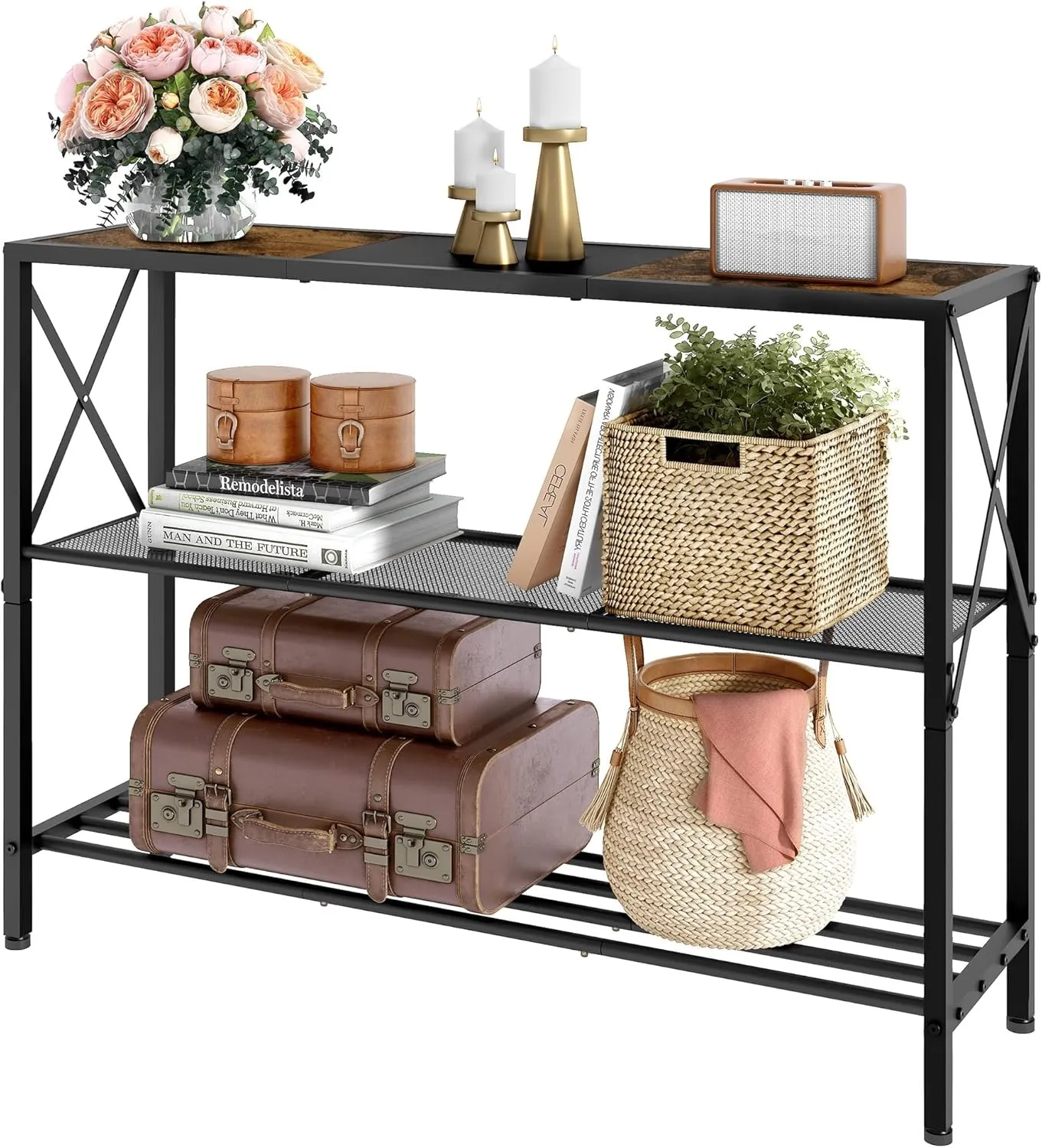 Hoctieon Industrial Console Table, 3 Tier Entryway Table, Hallway Desk, Narrow Sofa Tables with Shelves, Entrance Desk for Entryway, Rustic Brown&Black