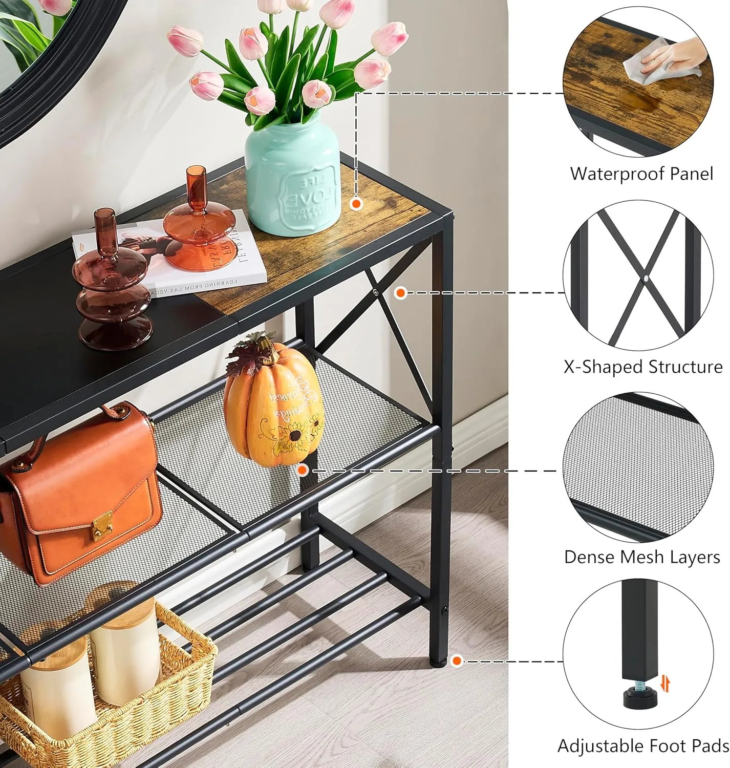 Hoctieon Industrial Console Table, 3 Tier Entryway Table, Hallway Desk, Narrow Sofa Tables with Shelves, Entrance Desk for Entryway, Rustic Brown&Black