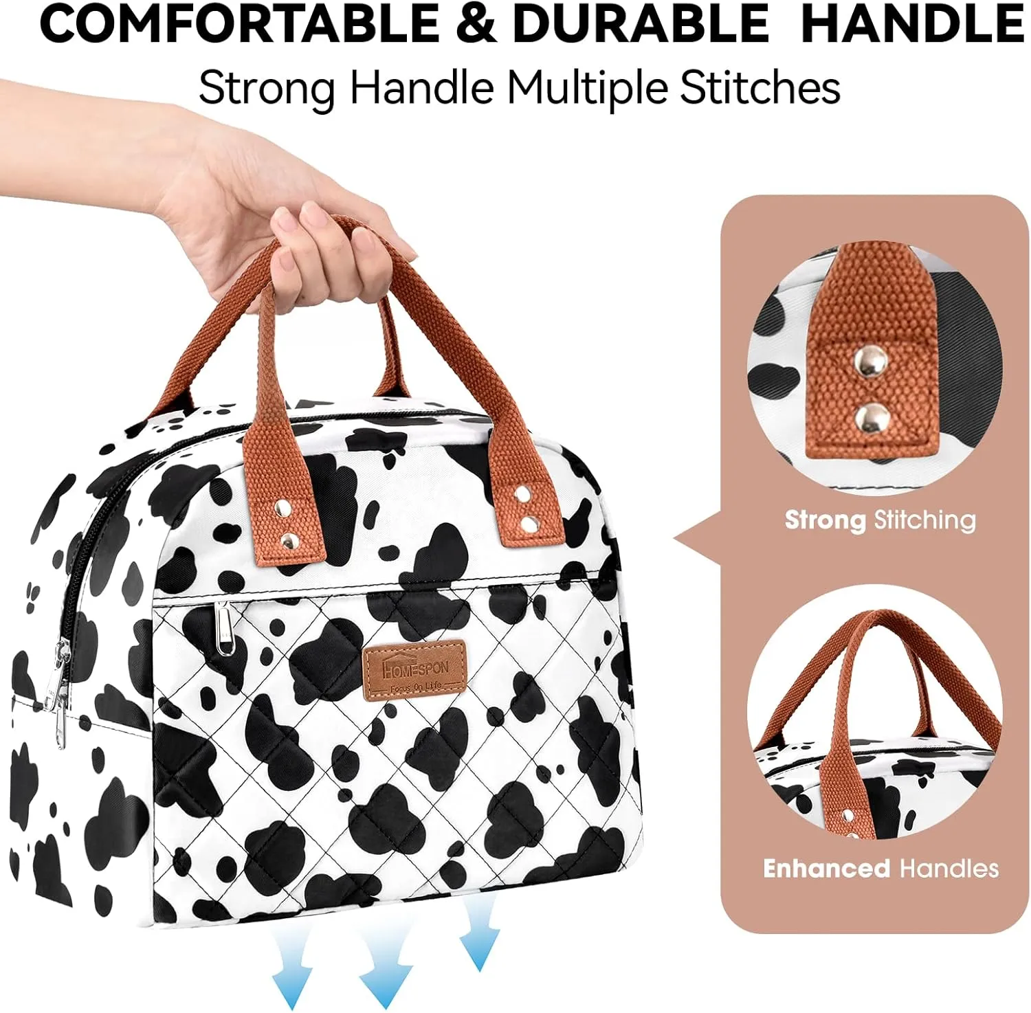HOMESPON Insulated Lunch Bag for Women Men Adults Lunch Tote with Front Pocket Lunch Box Container Cooler Bag for Work Picnic (Cow Print)