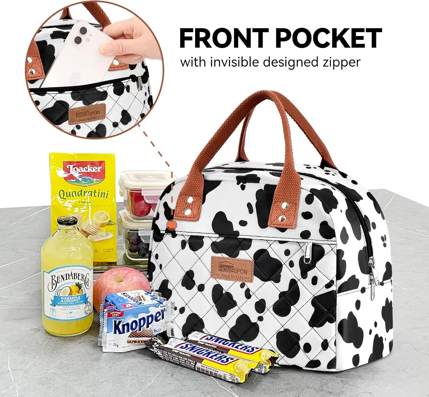 HOMESPON Insulated Lunch Bag for Women Men Adults Lunch Tote with Front Pocket Lunch Box Container Cooler Bag for Work Picnic (Cow Print)