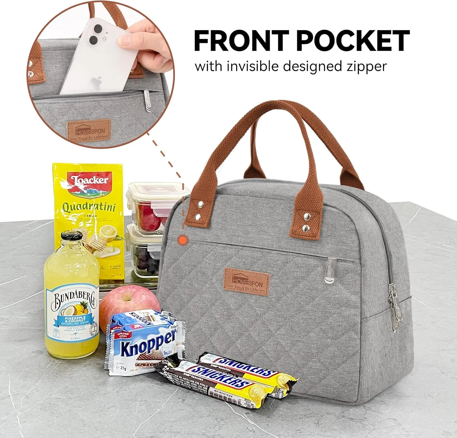 HOMESPON Insulated Lunch Bag for Women Men Adults Lunch Tote with Front Pocket Lunch Box Container Cooler Bag for Work Picnic (Grey)