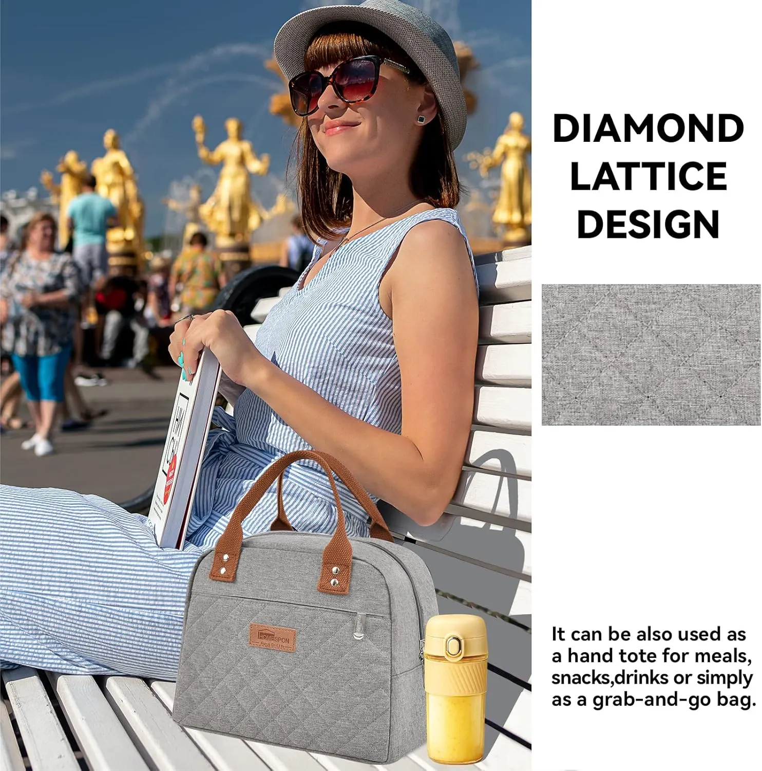 HOMESPON Insulated Lunch Bag for Women Men Adults Lunch Tote with Front Pocket Lunch Box Container Cooler Bag for Work Picnic (Grey)