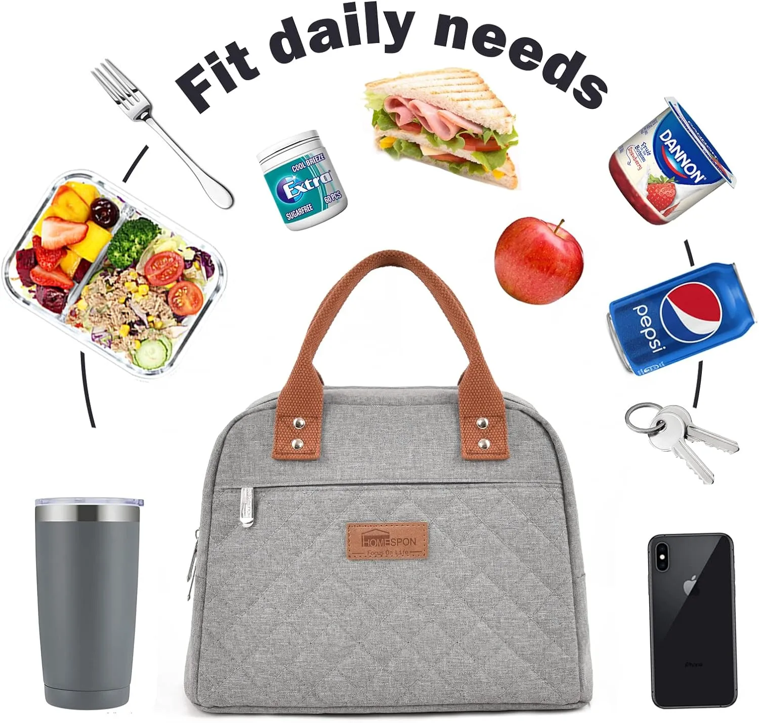 HOMESPON Insulated Lunch Bag for Women Men Adults Lunch Tote with Front Pocket Lunch Box Container Cooler Bag for Work Picnic (Grey)