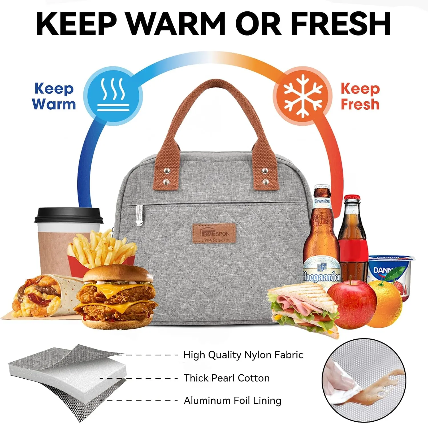 HOMESPON Insulated Lunch Bag for Women Men Adults Lunch Tote with Front Pocket Lunch Box Container Cooler Bag for Work Picnic (Grey)