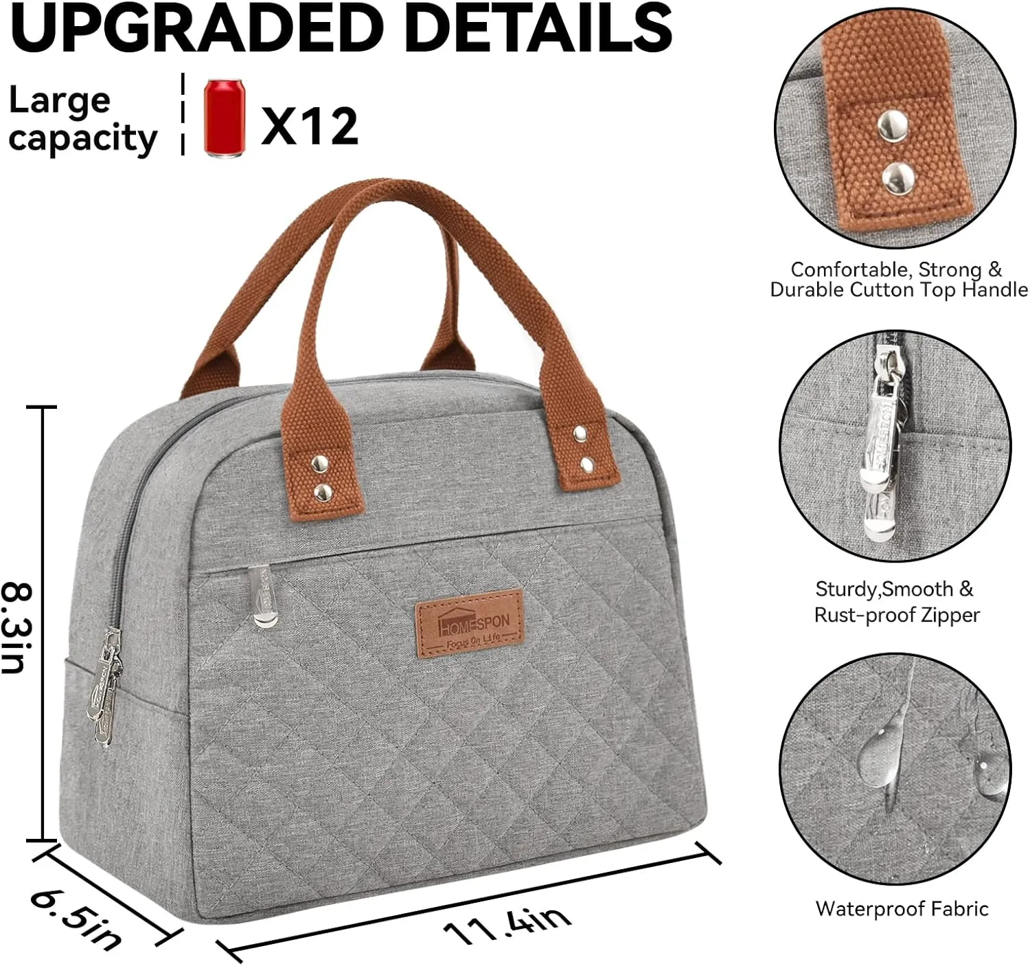 HOMESPON Insulated Lunch Bag for Women Men Adults Lunch Tote with Front Pocket Lunch Box Container Cooler Bag for Work Picnic (Grey)