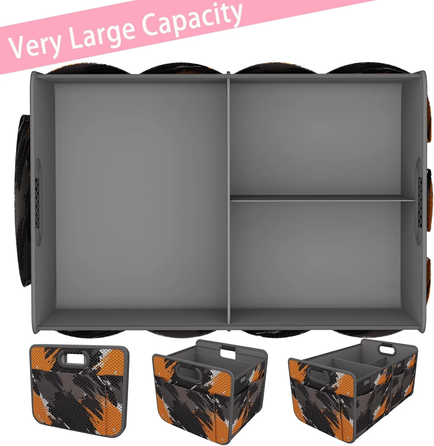 Homeve Trunk Organizer, Car Storage, Reinforced Handles, Collapsible Multi-Compartment Car Organizers, Foldable, Waterproof, 600D Oxford Polyester (Black Orange, 2 Compart)