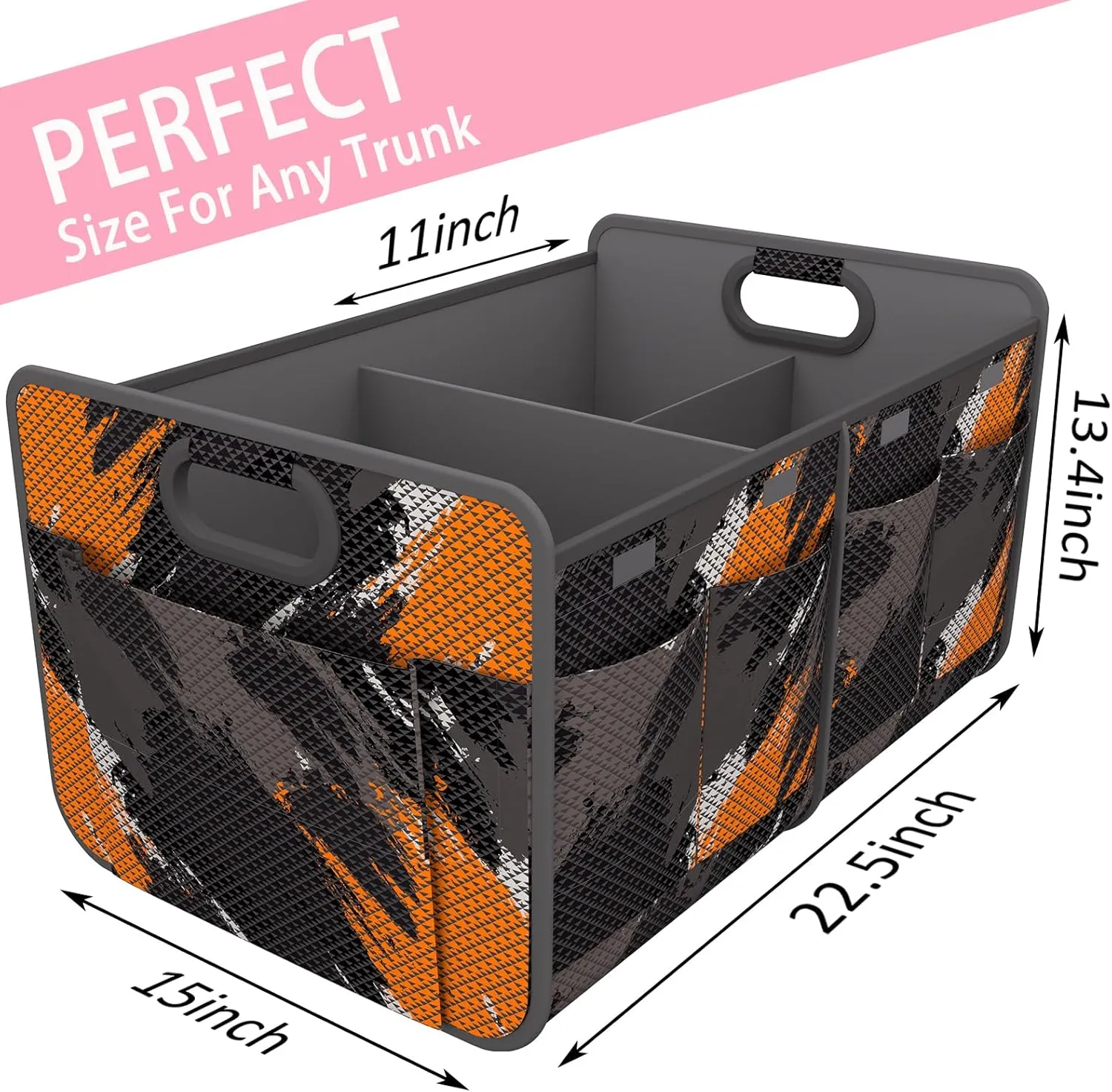 Homeve Trunk Organizer, Car Storage, Reinforced Handles, Collapsible Multi-Compartment Car Organizers, Foldable, Waterproof, 600D Oxford Polyester (Black Orange, 2 Compart)