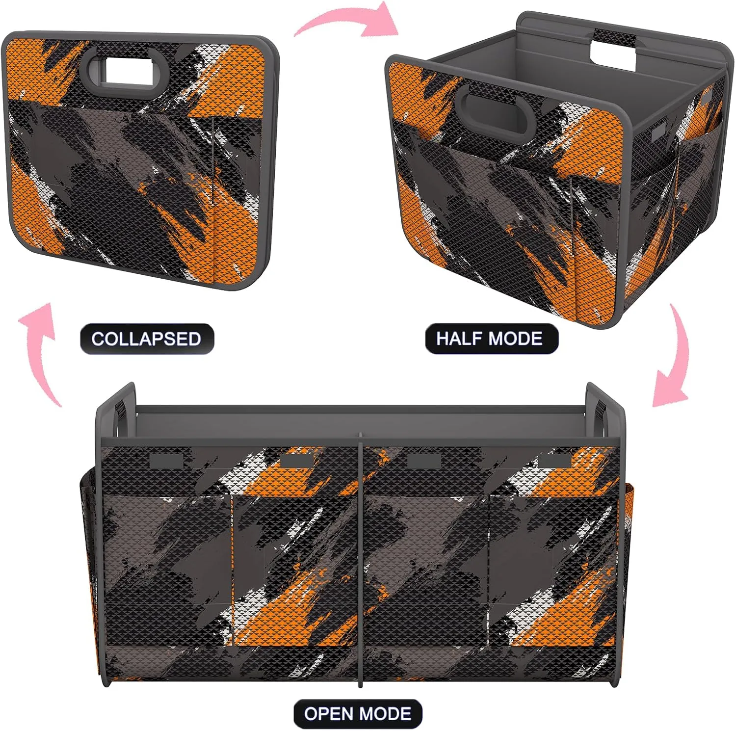 Homeve Trunk Organizer, Car Storage, Reinforced Handles, Collapsible Multi-Compartment Car Organizers, Foldable, Waterproof, 600D Oxford Polyester (Black Orange, 2 Compart)