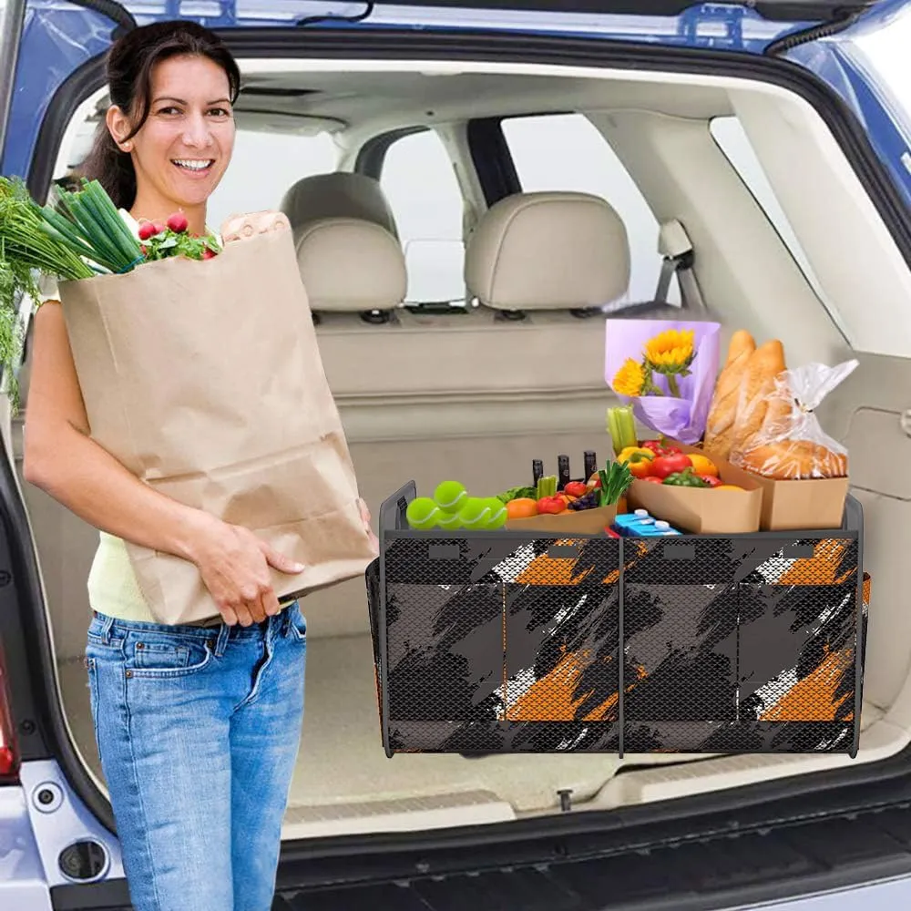 Homeve Trunk Organizer, Car Storage, Reinforced Handles, Collapsible Multi-Compartment Car Organizers, Foldable, Waterproof, 600D Oxford Polyester (Black Orange, 2 Compart)
