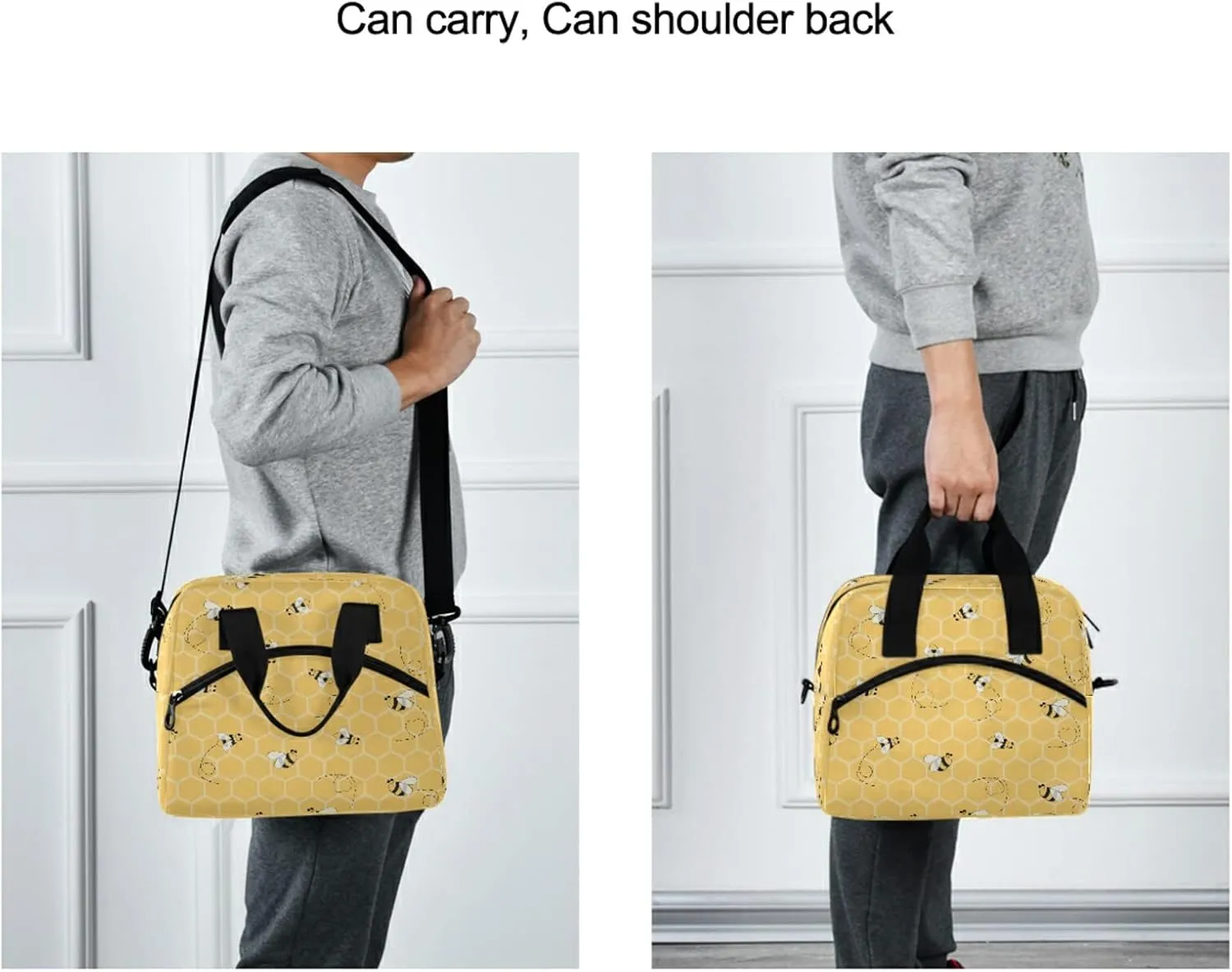 Honeycomb Animal Bee Lunch Bag Reusable Lunch Tote Bag Thermal Cooler Bag Insulated Lunch Box with Adjustable Shoulder Strap for Office School Outdoor Picnic
