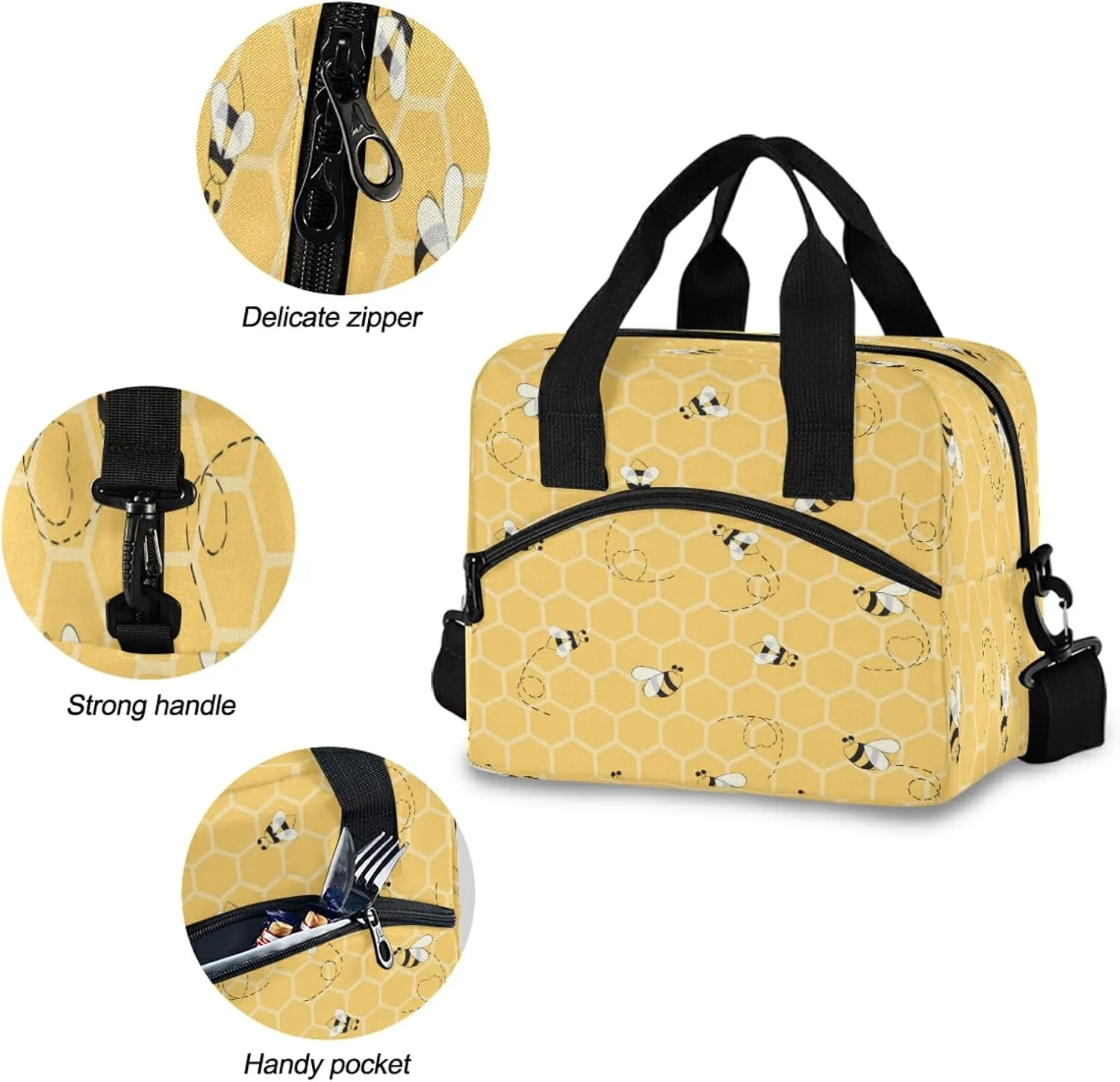 Honeycomb Animal Bee Lunch Bag Reusable Lunch Tote Bag Thermal Cooler Bag Insulated Lunch Box with Adjustable Shoulder Strap for Office School Outdoor Picnic