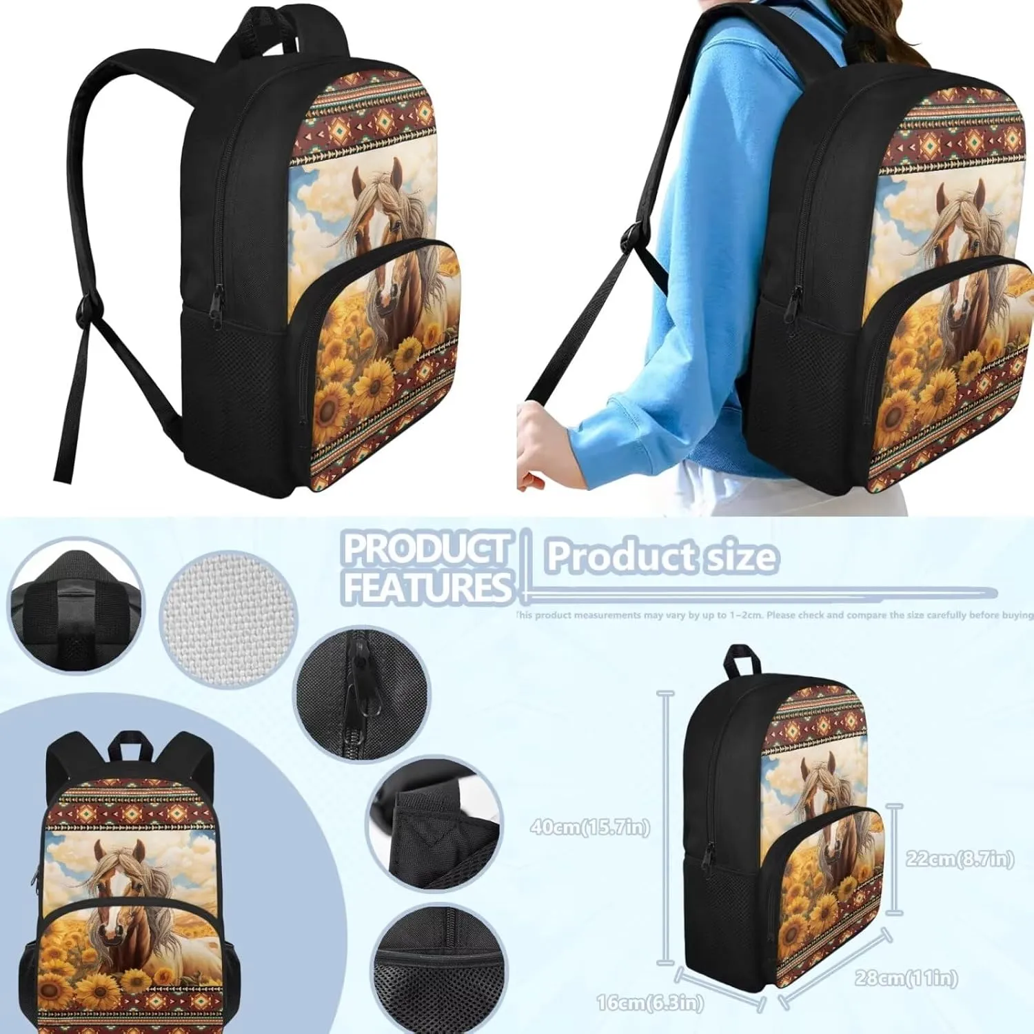 Horse Backpack and Lunchbox Set Sunflower Weatern School Girls Bookbag and Lunch Box Set 4-6 6-8 8-12 Lightweight 17 Inch Schoolbag 3PCS