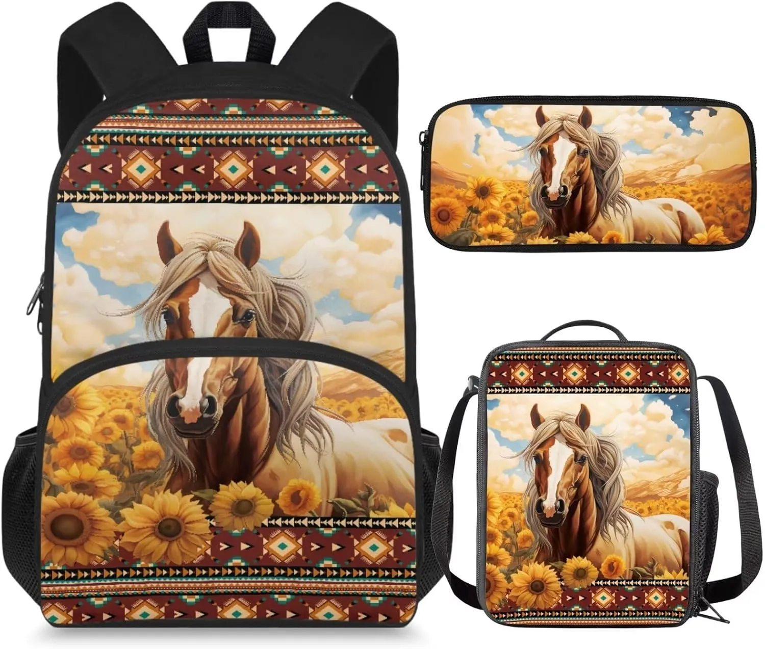 Horse Backpack and Lunchbox Set Sunflower Weatern School Girls Bookbag and Lunch Box Set 4-6 6-8 8-12 Lightweight 17 Inch Schoolbag 3PCS