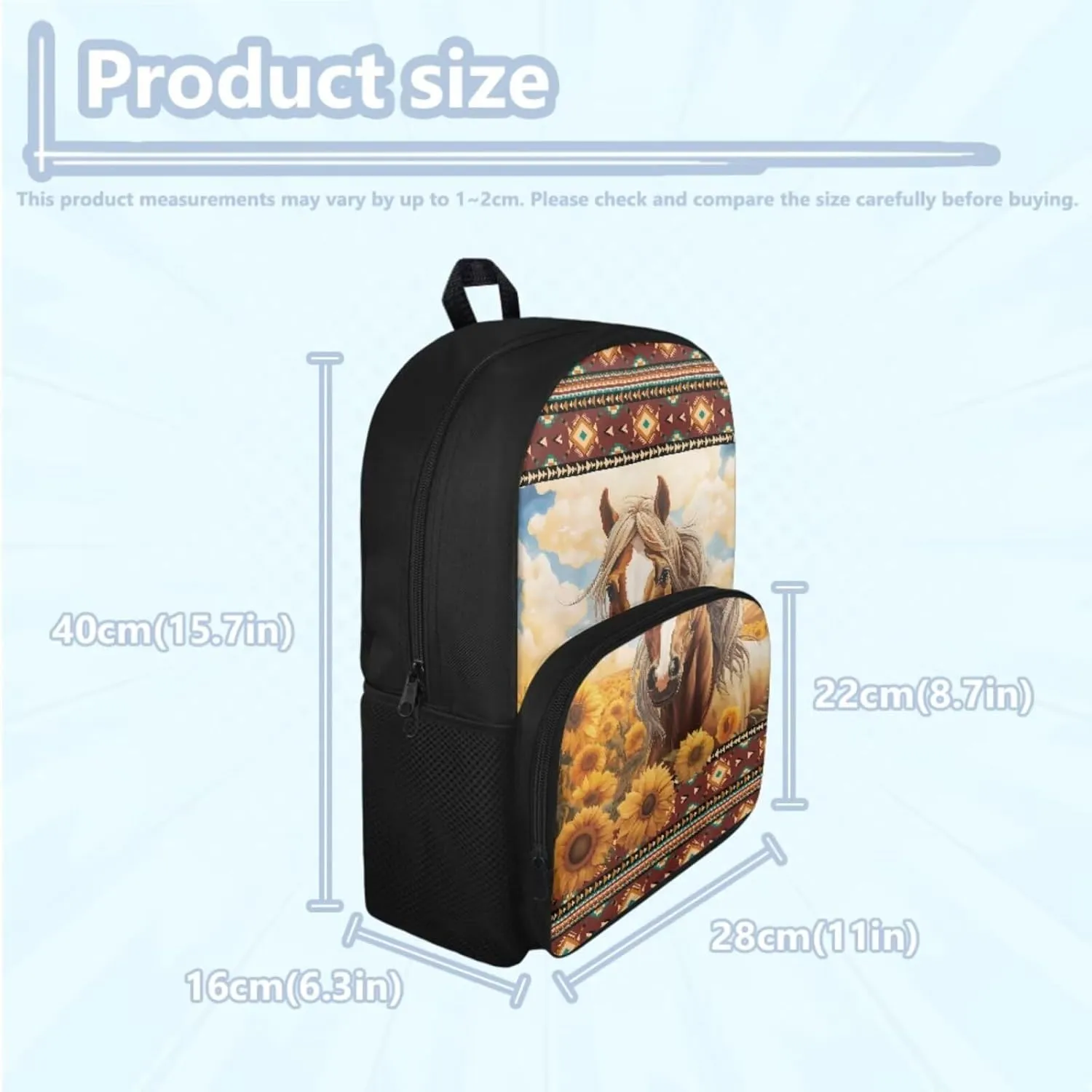 Horse Backpack and Lunchbox Set Sunflower Weatern School Girls Bookbag and Lunch Box Set 4-6 6-8 8-12 Lightweight 17 Inch Schoolbag 3PCS