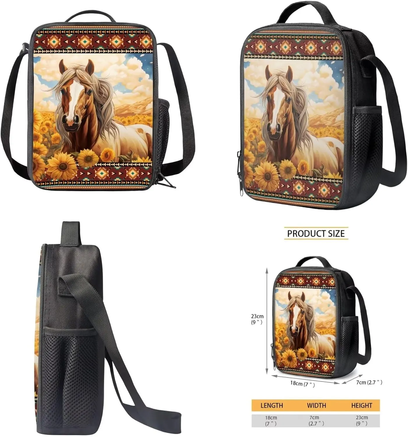 Horse Backpack and Lunchbox Set Sunflower Weatern School Girls Bookbag and Lunch Box Set 4-6 6-8 8-12 Lightweight 17 Inch Schoolbag 3PCS