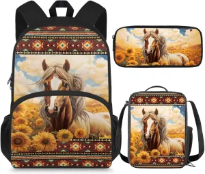 Horse Backpack and Lunchbox Set Sunflower Weatern School Girls Bookbag and Lunch Box Set 4-6 6-8 8-12 Lightweight 17 Inch Schoolbag 3PCS