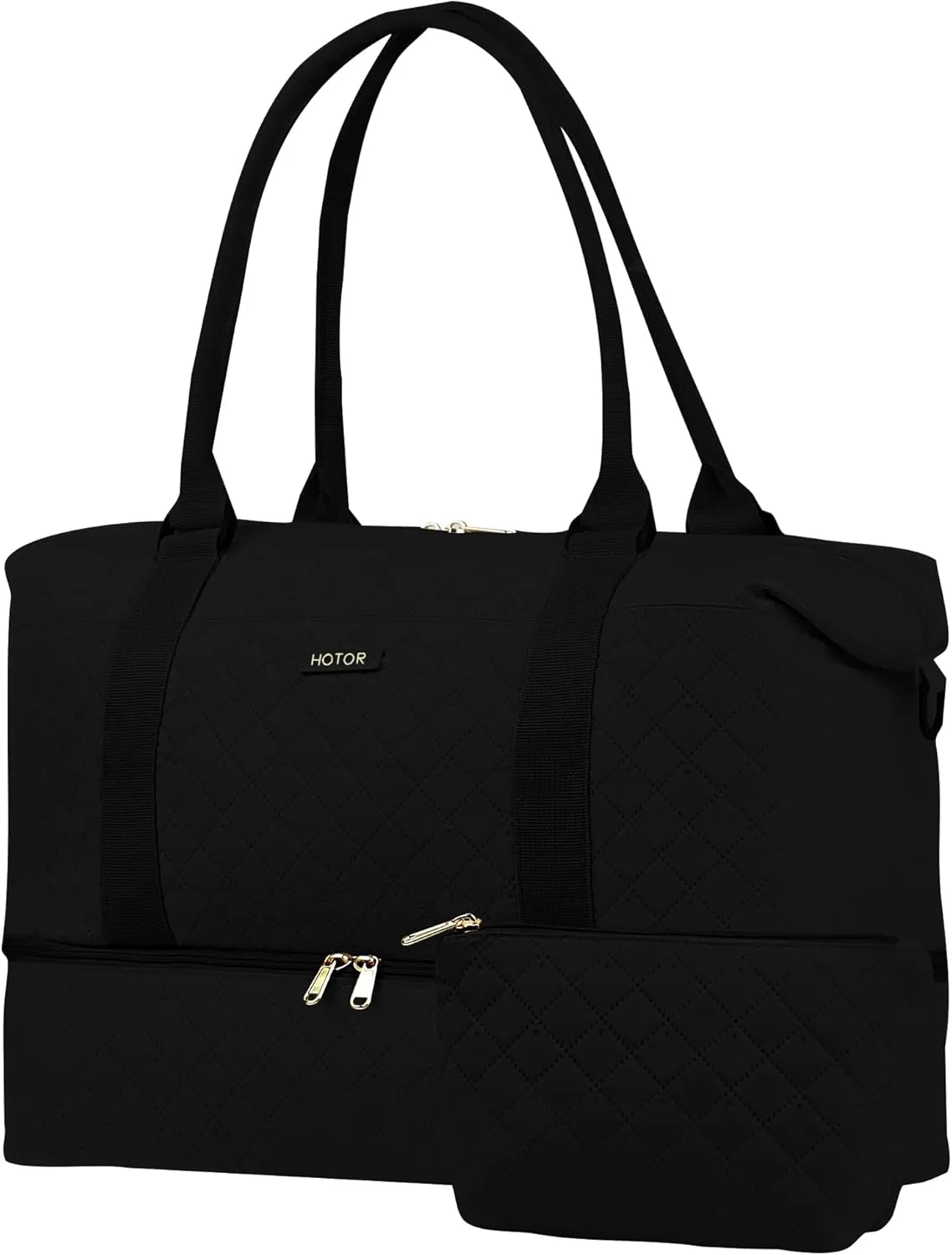 HOTOR Travel Duffel Bag - Weekender Bags for Women, Carry On Bag with Shoe Compartment, Overnight Bag with Toiletry Bag for Travel Essentials and Travel Accessories, Black, 13.0"×16.9"×7.8"