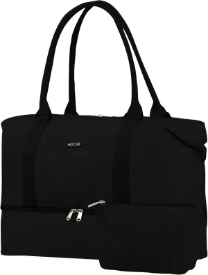 HOTOR Travel Duffel Bag - Weekender Bags for Women, Carry On Bag with Shoe Compartment, Overnight Bag with Toiletry Bag for Travel Essentials and Travel Accessories, Black, 13.0"×16.9"×7.8"