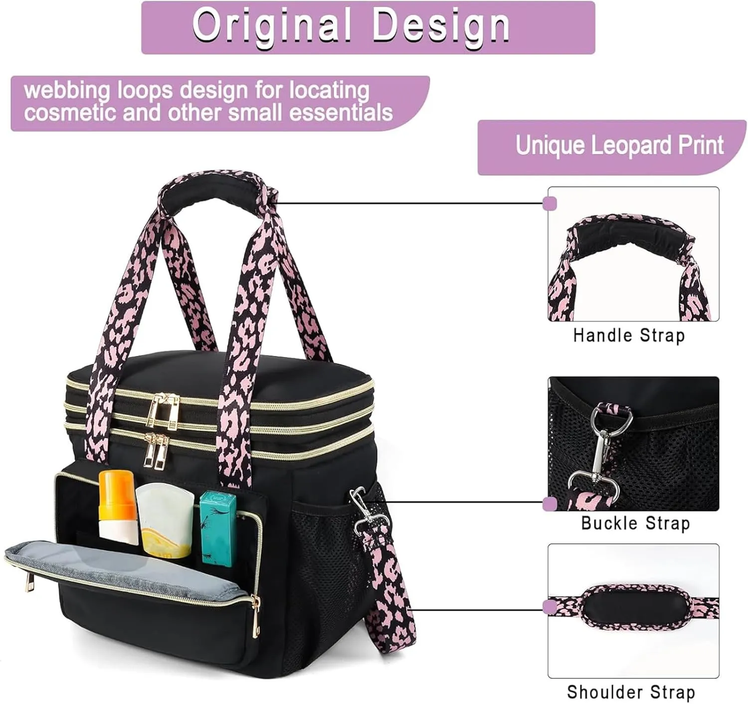 HSHRISH Expandable Lunch Box for Women, Double Deck Large Insulated Lunch Bag Women Leakproof Durable Lunch Cooler Tote Bag, Lightweight Cute Lunchbox for Work Outdoor Travel, Black