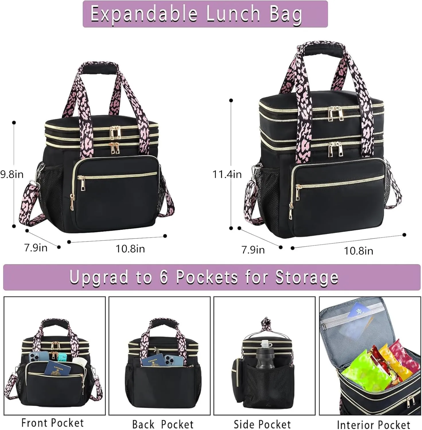 HSHRISH Expandable Lunch Box for Women, Double Deck Large Insulated Lunch Bag Women Leakproof Durable Lunch Cooler Tote Bag, Lightweight Cute Lunchbox for Work Outdoor Travel, Black