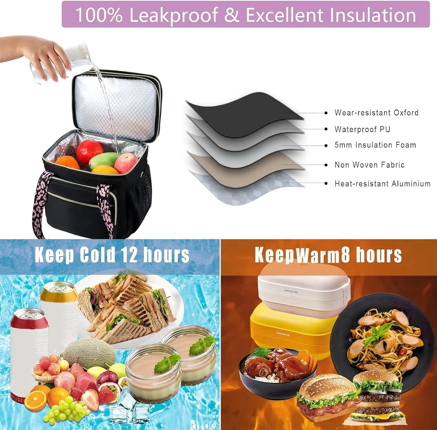 HSHRISH Expandable Lunch Box for Women, Double Deck Large Insulated Lunch Bag Women Leakproof Durable Lunch Cooler Tote Bag, Lightweight Cute Lunchbox for Work Outdoor Travel, Black