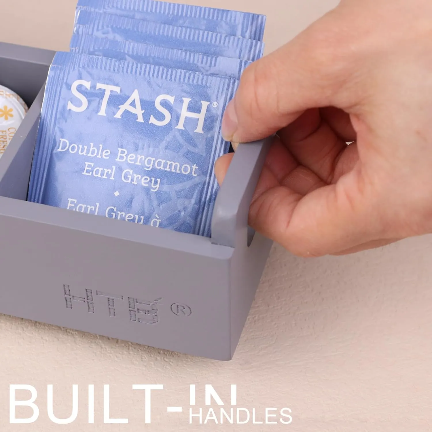 HTB Slim Tea Bag Organizer 2pcs, Grey 3 Compartments Wooden Box With Handle for Small Space, Wood Organizer for Tea Bags