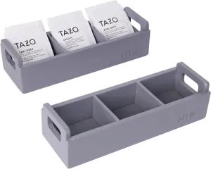 HTB Slim Tea Bag Organizer 2pcs, Grey 3 Compartments Wooden Box With Handle for Small Space, Wood Organizer for Tea Bags