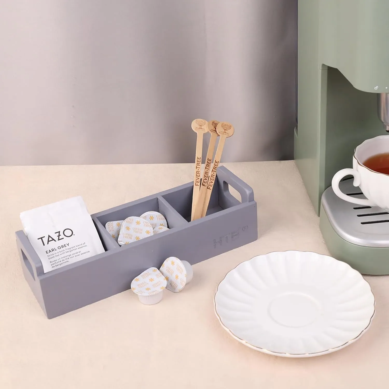 HTB Slim Tea Bag Organizer 2pcs, Grey 3 Compartments Wooden Box With Handle for Small Space, Wood Organizer for Tea Bags