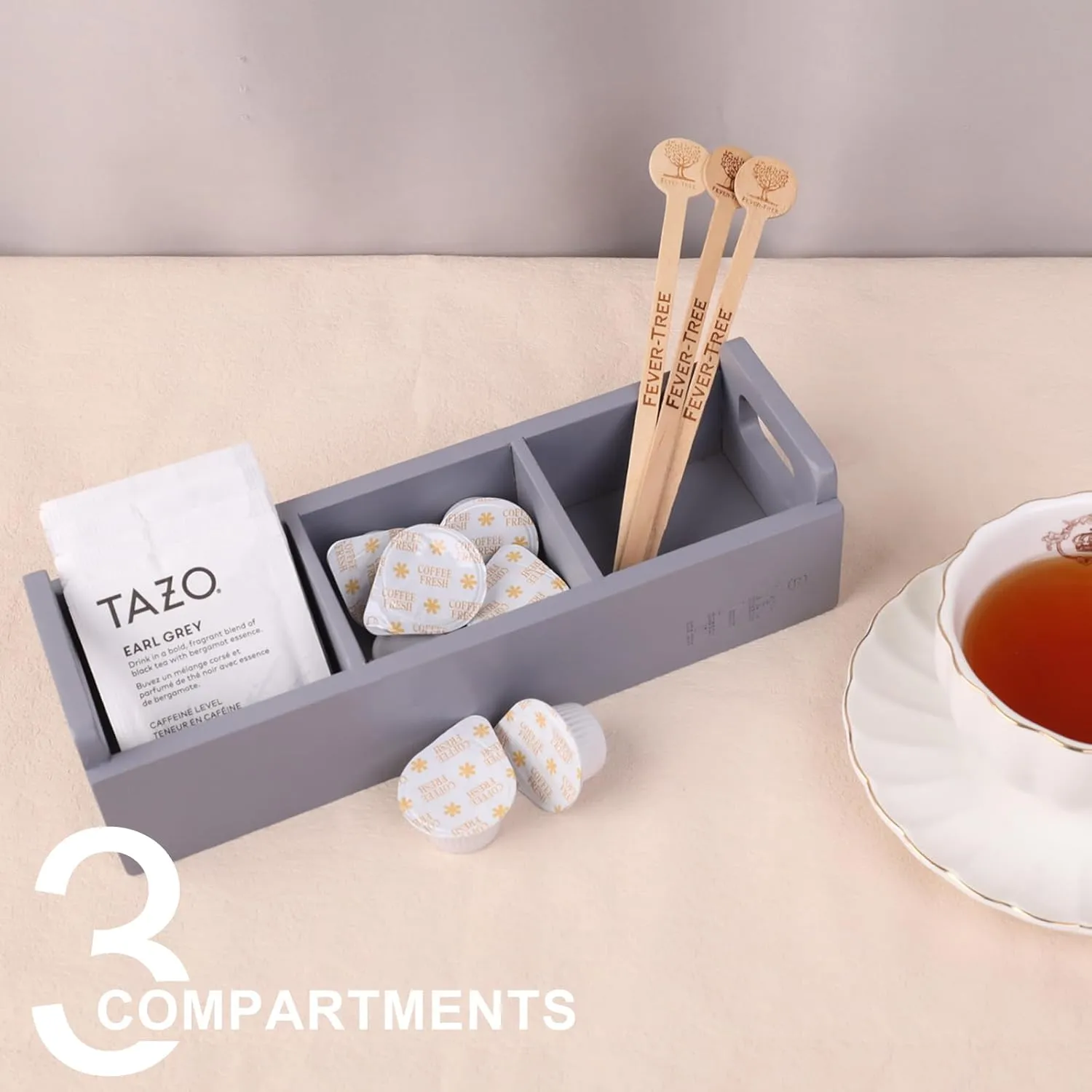 HTB Slim Tea Bag Organizer 2pcs, Grey 3 Compartments Wooden Box With Handle for Small Space, Wood Organizer for Tea Bags