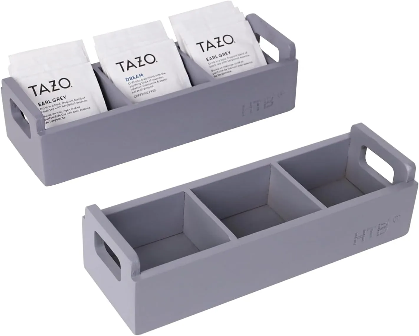 HTB Slim Tea Bag Organizer 2pcs, Grey 3 Compartments Wooden Box With Handle for Small Space, Wood Organizer for Tea Bags