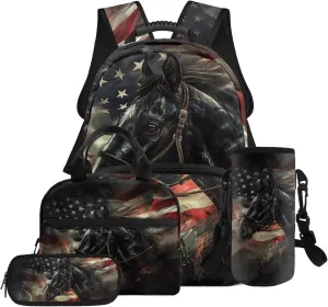 HUGS IDEA American Flag Horse School Bookbag for Boys 8-10 17 Inch Backpack Set for Elementary Kids 4Pcs Bookbag Includes Thermal Lunch Box, Stationery Case Kids Travel Daypack